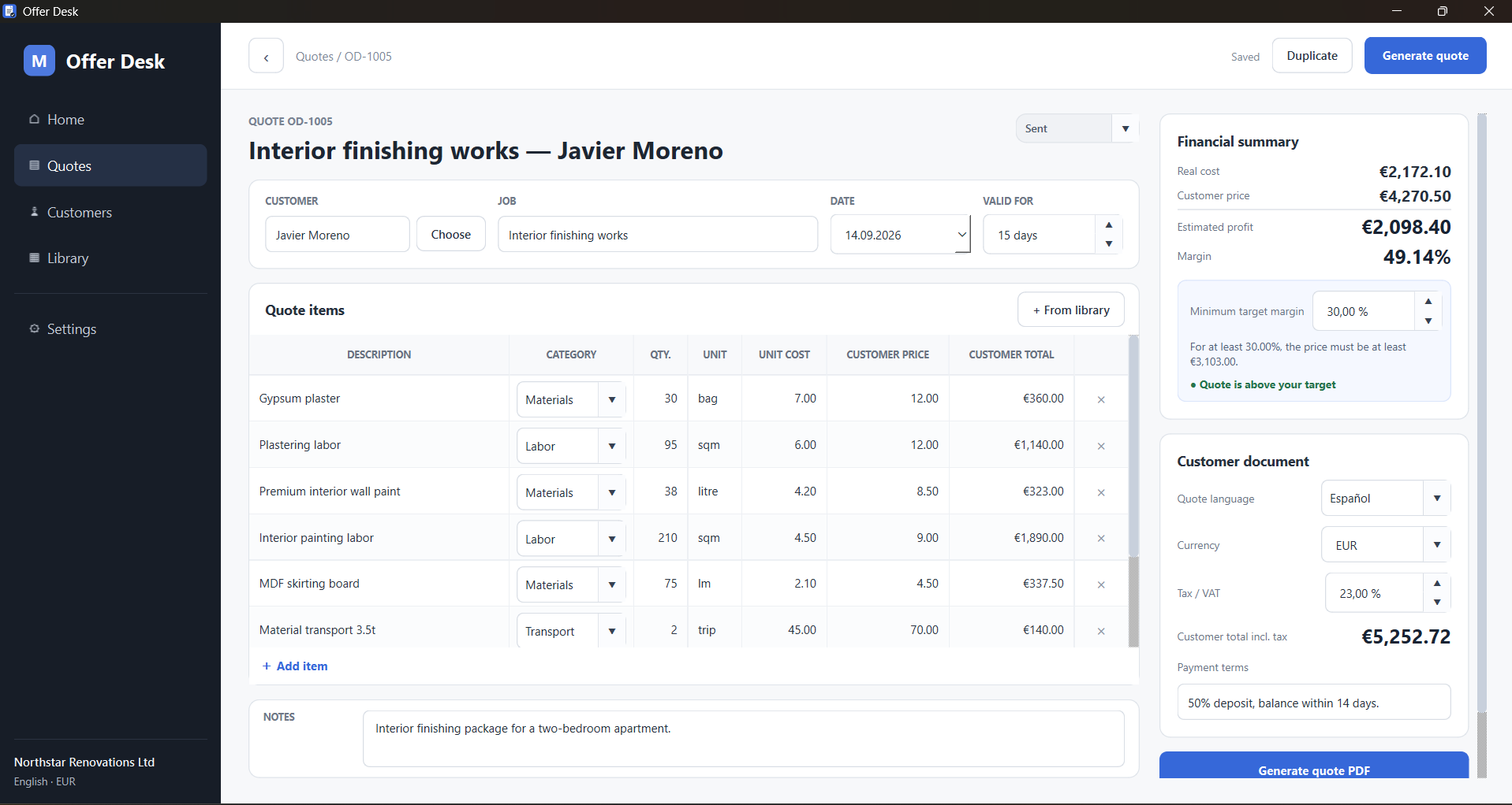 Offer Desk quote editor showing costs, customer prices, profit and margin