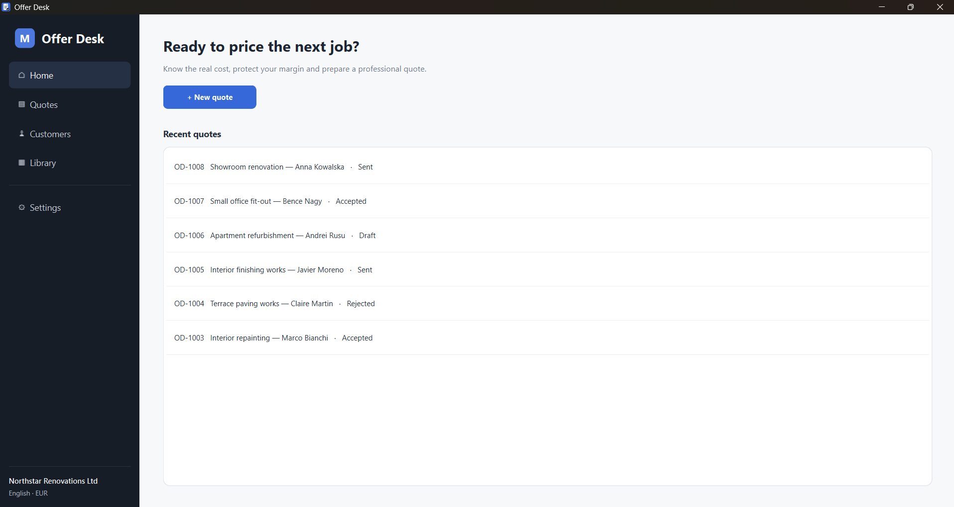 Offer Desk home dashboard