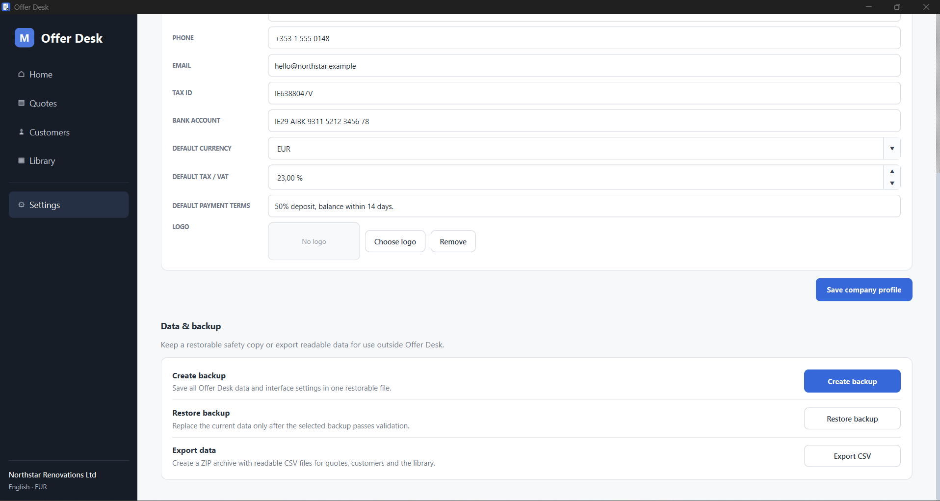 Offer Desk backup and export settings